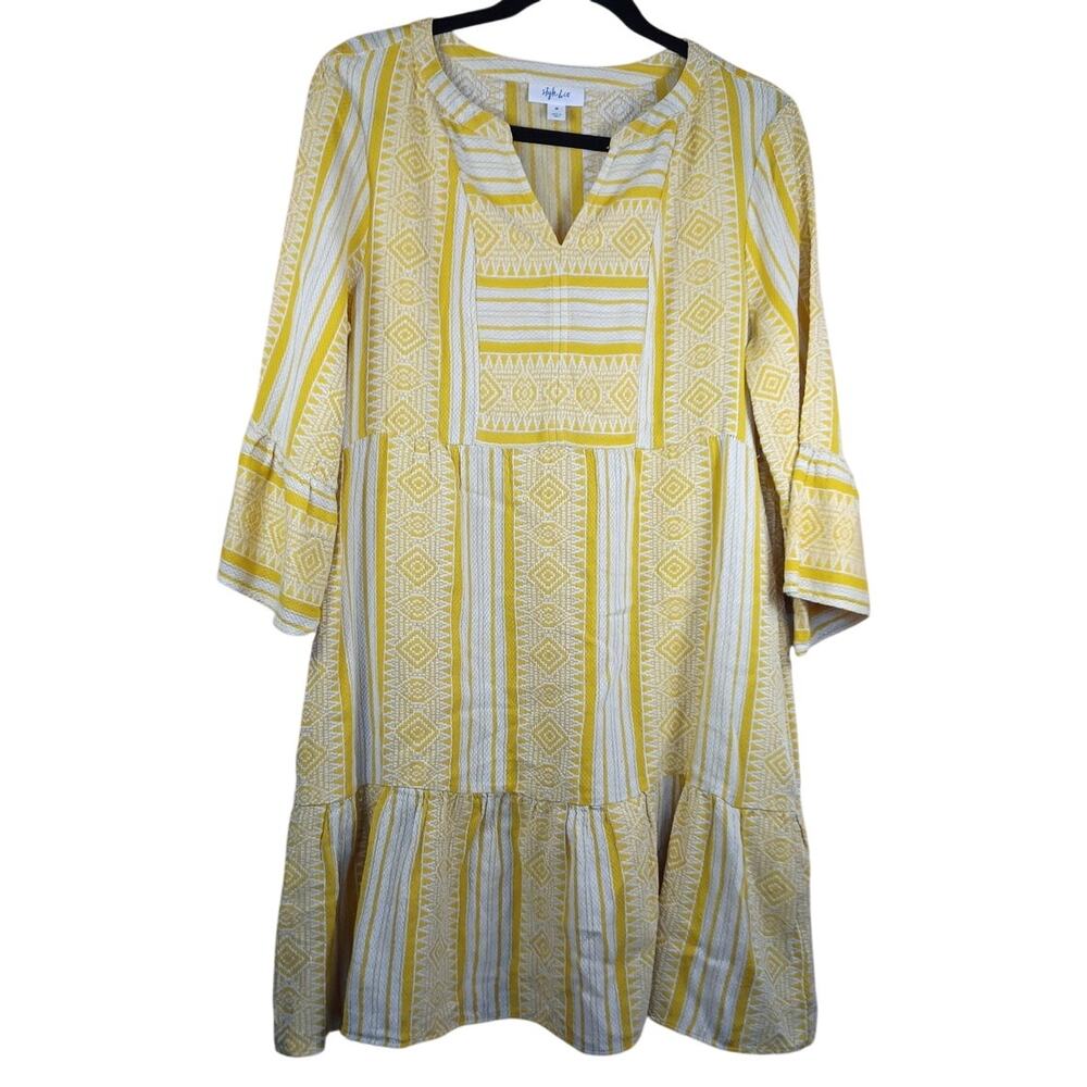 Style & Co Yellow White Boho Geometric Tiered Mini Dress Bell Sleeve Medium NWT